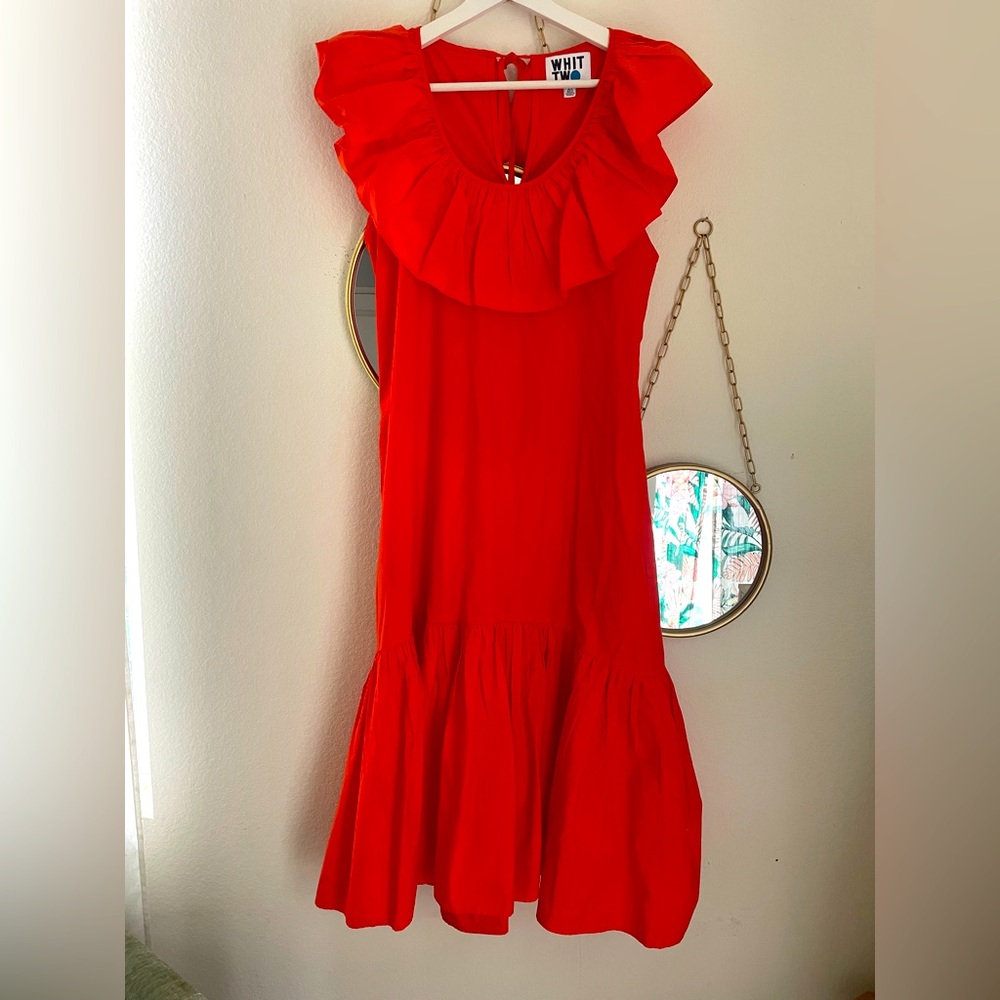Whit Two Anthropologie Bright Red Orange Ruffle Neck Tiered Midi Dress Sz XS